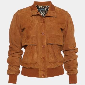 Pre Owned Dolce & Gabbana Brown Suede Button Front Bomber Jacket S