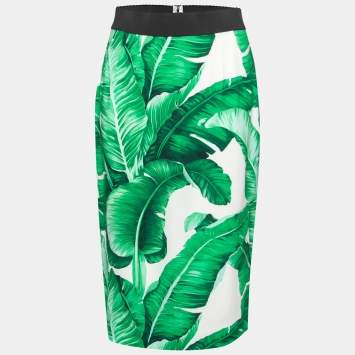 Pre Owned Dolce & Gabbana Green Banana Leaf Print Crepe Knee-Length Skirt M