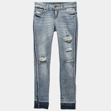 Pre Owned Dolce & Gabbana Blue Distressed Denim Frayed Trimmed Jeans XS Waist 28" 