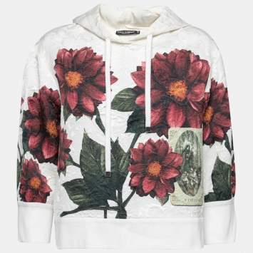 Pre Owned Dolce & Gabbana White Floral Printed Jacquard Hooded Sweatshirt M