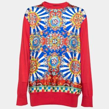 Pre Owned Dolce & Gabbana Red Carretto Siciliano Print Silk Knit Sweater L