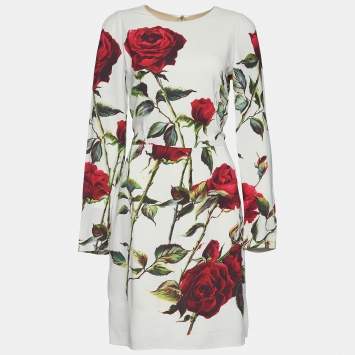 Pre Owned Dolce & Gabbana Pale Green Rose Print Crepe Mini Dress M
