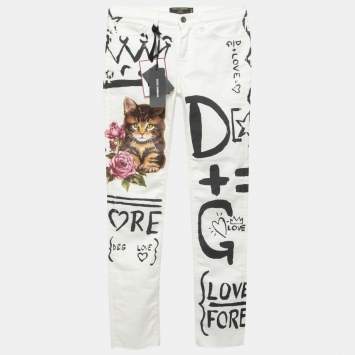 Pre Owned Dolce & Gabbana White Graffiti Print Denim Girly Fit Jeans S Waist 29"