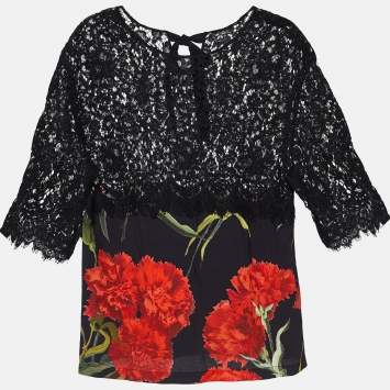 Pre Owned Dolce & Gabbana Black Floral Print Crepe & Lace Paneled Top S