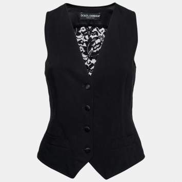 Pre Owned Dolce & Gabbana Black Wool & Lace Button Front Vest S