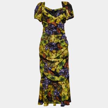Pre Owned Dolce & Gabbana Multicolor Floral Print Silk Ruched Midi Dress L