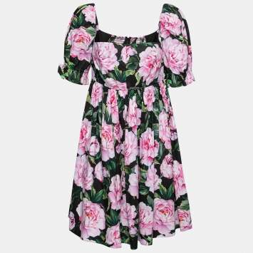 Pre Owned Dolce & Gabbana Black Floral Print Cotton Poplin Mini Dress M