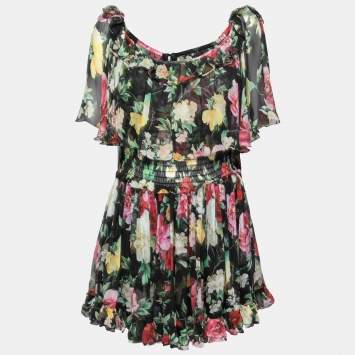 Pre Owned Dolce & Gabbana Black Floral Print Silk Ruffled Off-Shoulder Dress L