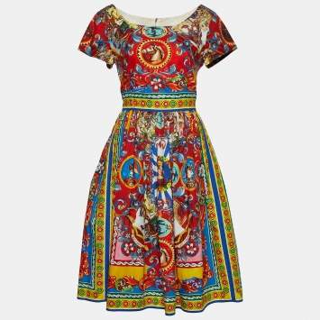 Pre Owned Dolce & Gabbana Multicolor Carretto Siciliano Print Cotton Midi Dress L
