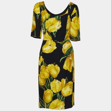 Pre Owned Dolce & Gabbana Yellow Tulip Print Stretch Silk Sheath Dress L