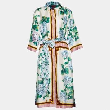 Pre Owned Dolce & Gabbana White Ortensia Print Silk Button Front Belted Dress S