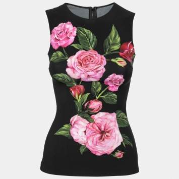 Pre Owned Dolce & Gabbana Black Rose Print Crepe Sleeveless Top XS   