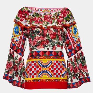 Pre Owned Dolce & Gabbana Multicolor Mambo Print Silk Ruffled Blouse S