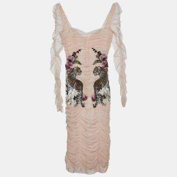 Pre Owned Dolce & Gabbana Pink Ruched Tulle Leopard Rose Appliqued Midi Dress S