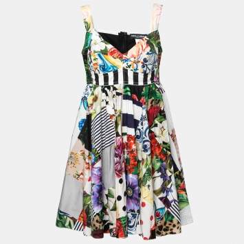 Pre Owned Dolce & Gabbana Multicolor Patchwork Print Flared Mini Dress L