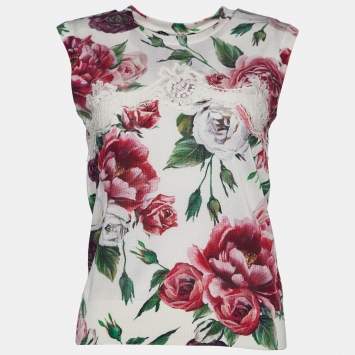 Pre Owned Dolce & Gabbana White Floral Print Silk Knit Lace Trim Top M