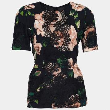 Pre Owned Dolce & Gabbana Black Floral Printed Crepe & Lace Top L