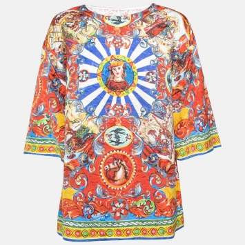 Pre Owned Dolce & Gabbana Multicolor Maria-Carreto Print Jacquard Top L 
