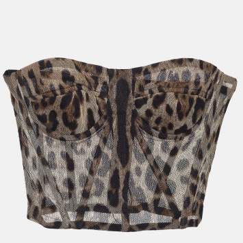 Pre Owned Dolce & Gabbana Brown Animal Print Tulle Bustier Crop Top M