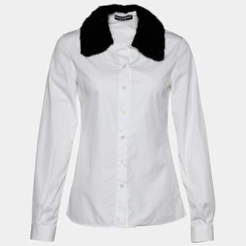 Pre Owned Dolce & Gabbana White Cotton Mink Fur Collar Detail Shirt S