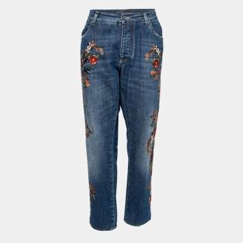 Pre Owned Dolce & Gabbana Blue Denim Floral-Embroidered 16 Classic Jeans 2XL Waist 37"