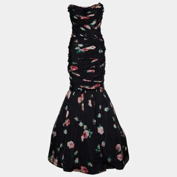 Pre Owned Dolce & Gabbana Black Rose Printed Silk Ruched Strapless Gown S