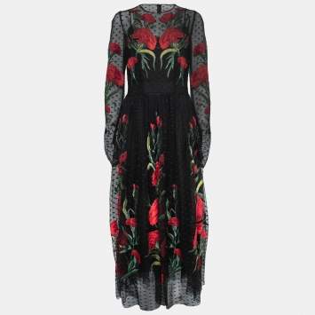 Pre Owned Dolce & Gabbana Black Floral-Embroidered Swiss-Dot Tulle Dress M   