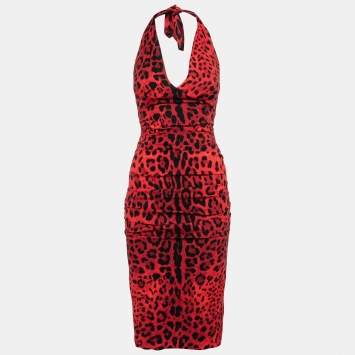 Pre Owned Dolce & Gabbana Red Animal Print Crepe Draped Halter Dress S