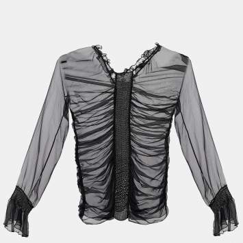 Pre Owned Dolce & Gabbana Black Silk Ruched Sheer Blouse M