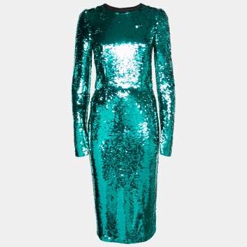 Pre Owned Dolce & Gabbana Green Sequin Embellished Long Sleeve Dress M