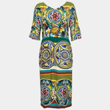 Pre Owned Dolce & Gabbana Multicolor Printed Crepe Midi Dress M