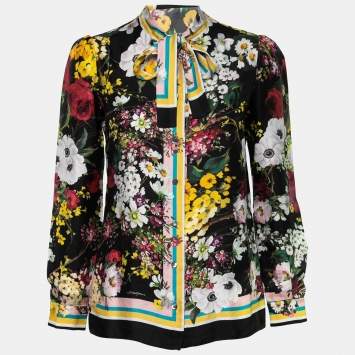 Pre Owned Dolce & Gabbana Black Floral Bouquet Print Silk Tie-Neck Blouse M
