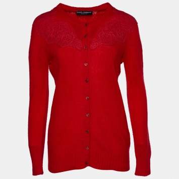 Pre Owned Dolce & Gabbana Red Cashmere & Silk Lace Trim Cardigan M