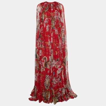 Pre Owned Dolce & Gabbana Red Floral & Animal Print Silk Long Dress & Cape Set S