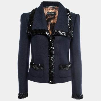 Pre Owned Dolce & Gabbana Navy Blue Wool Sequin-Trim Jacket M 