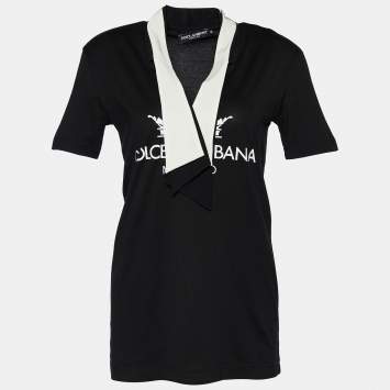 Pre Owned Dolce & Gabbana Black Logo Printed Cotton Neck Tie Detail Oversized T-Shirt XS