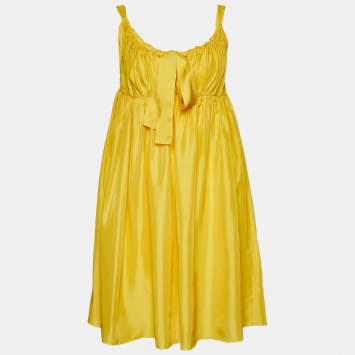 Pre Owned Dolce & Gabbana Yellow Silk Satin Ruched Sleeveless Mini Dress S