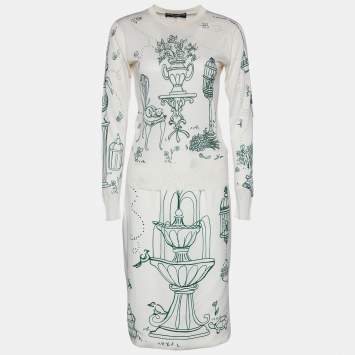 Pre Owned Dolce & Gabbana Ivory Bird Cage Print Silk Knit & Crepe Skirt And Top Set S/M
