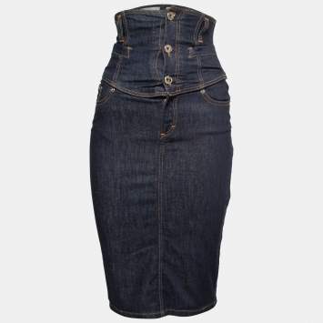 Pre Owned D&G Navy Blue Denim High Waist Detail Midi Skirt S
