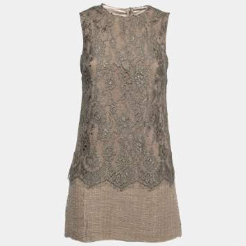 Pre Owned Dolce & Gabbana Beige Tweed & Lace Overlay Sleeveless Shift Dress S