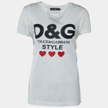 Pre Owned Dolce & Gabbana White Heart & Logo Printed Cotton T-Shirt S