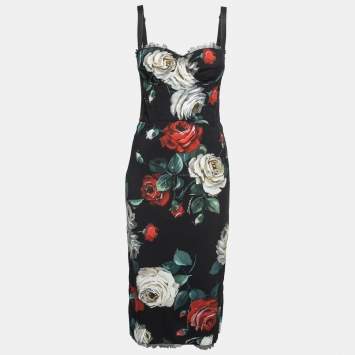 Pre Owned Dolce & Gabbana Black Floral Printed Bustier Midi Dress M
