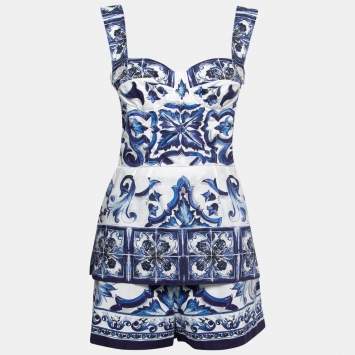 Pre Owned Dolce & Gabbana Blue Printed Cotton Top & Shorts Set M 