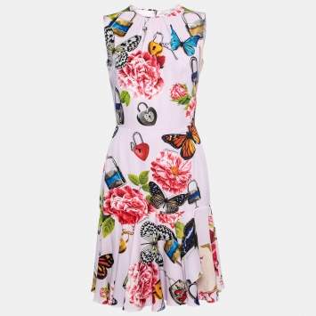 مملوكة مسبقًا Dolce & Gabbana Pink Butterfly Locket Print Silk Midi Dress M