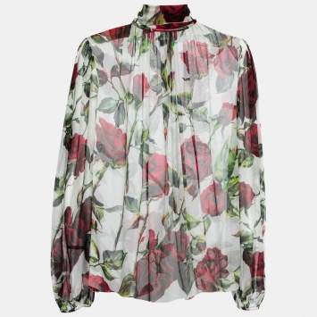 مملوكة مسبقًا Dolce & Gabbana White Rose Print Silk Neck-Tie Blouse L