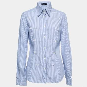 Pre Owned Dolce & Gabbana Blue Striped Cotton Button Front Shirt M