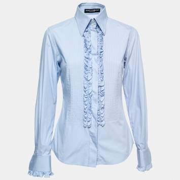 Pre Owned Dolce & Gabbana Blue Cotton Ruffle Trimmed Button Front Shirt M