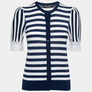 Pre Owned Dolce & Gabbana Navy Blue & White Striped Cashmere Button Front Cardigan M