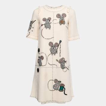 Pre Owned Dolce & Gabbana Cream Crepe Embellished Mouse Shift Dress S 