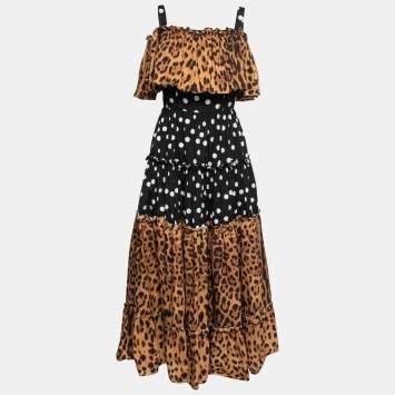 Pre Owned Dolce & Gabbana Black Polka Dot Mixed Print Cotton Off-Shoulder Maxi Dress S